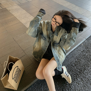 早安樊樊男友风做旧磨破牛仔外套女秋薄款宽松显瘦韩系慵懒风上衣