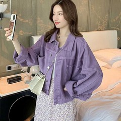紫色工装牛仔外套女短款韩版春秋装新款百搭宽松小个子夹克上衣潮