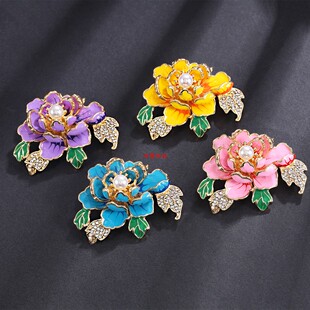 合金油彩水钻牡丹花朵胸针女士高贵秋冬服装 时尚 大衣胸花大气配饰