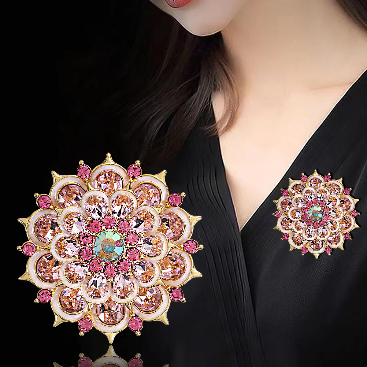 高档精致花朵胸针外贸热销女士服装别针胸花奢华合金玻璃水钻饰品