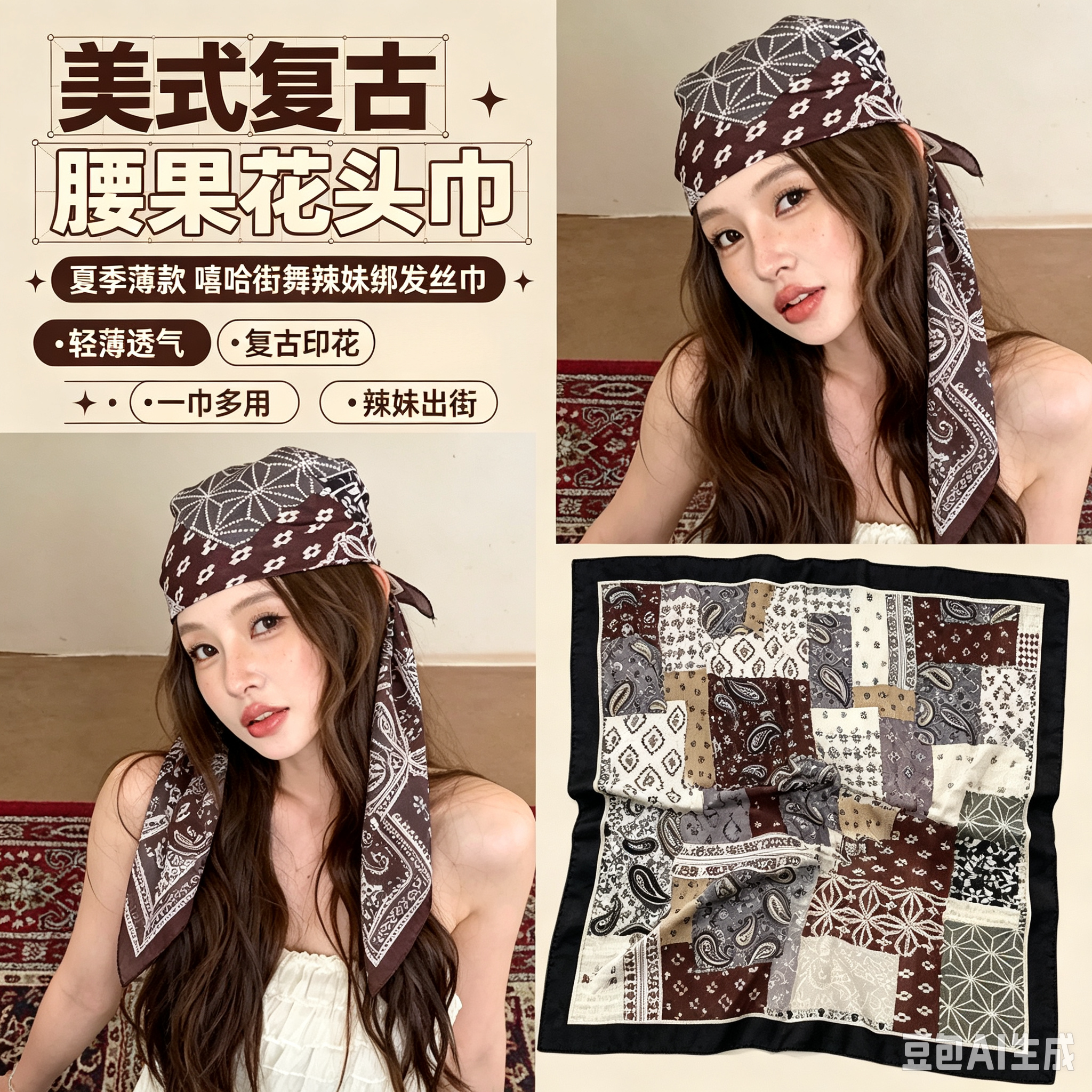 夏季薄款美式复古棋盘格印花头巾