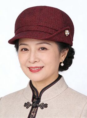 中老年妈妈帽子女士老年人秋冬奶奶鸭舌帽老人奶奶礼帽红色时尚