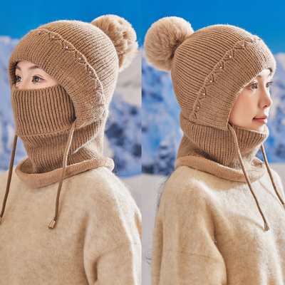 帽子口罩围脖一体毛线帽女冬天