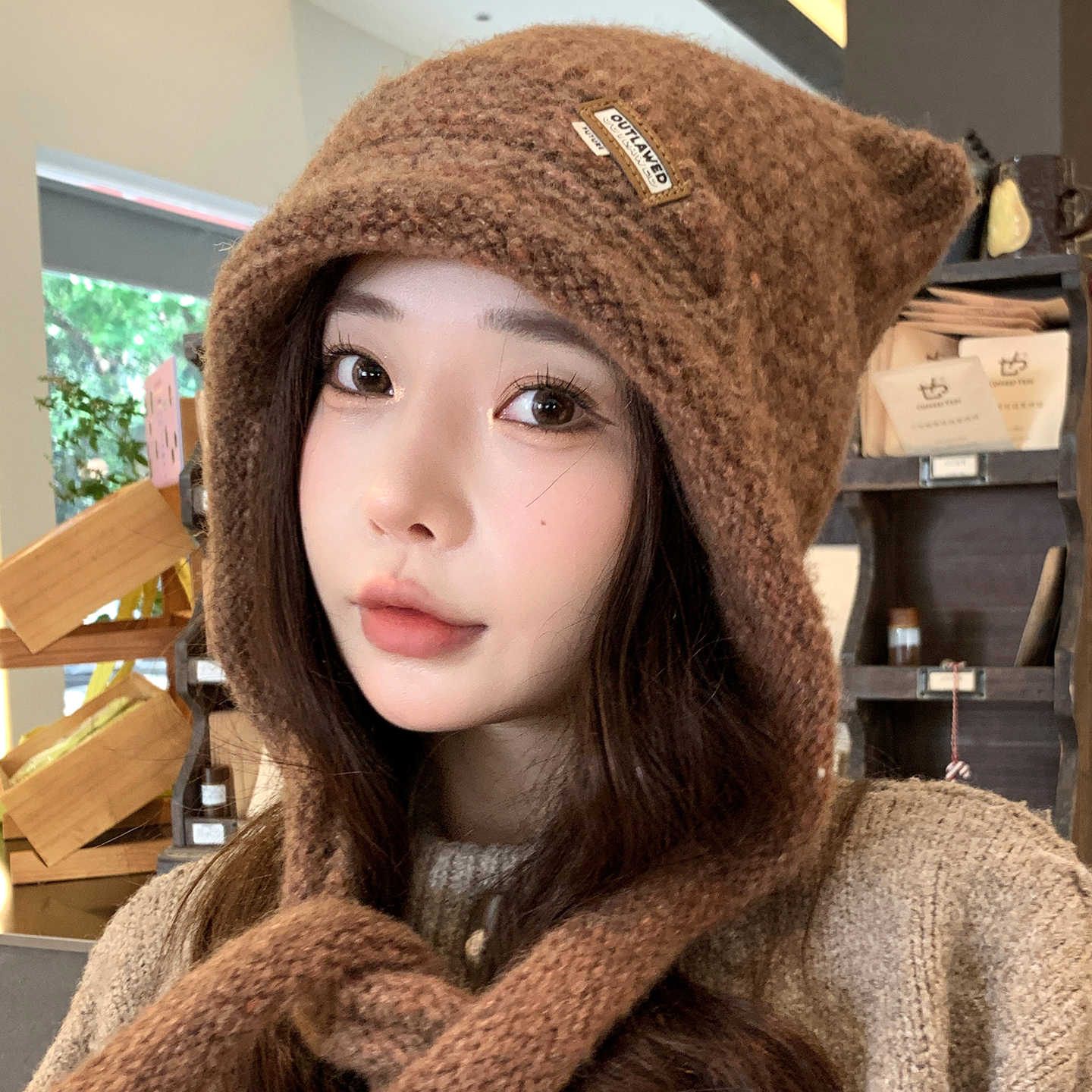 可爱猫耳朵针织毛线帽女冬