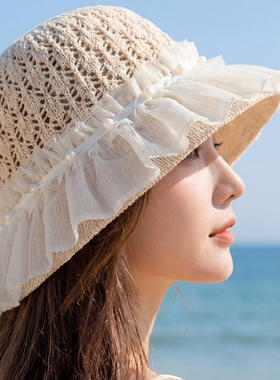 夏季新款渔夫帽小清新防晒帽子女生太阳帽出游沙滩显脸小遮阳帽潮