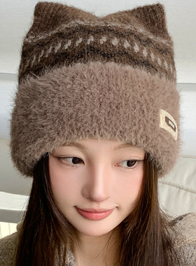 新款可爱猫耳朵针织毛线帽女
