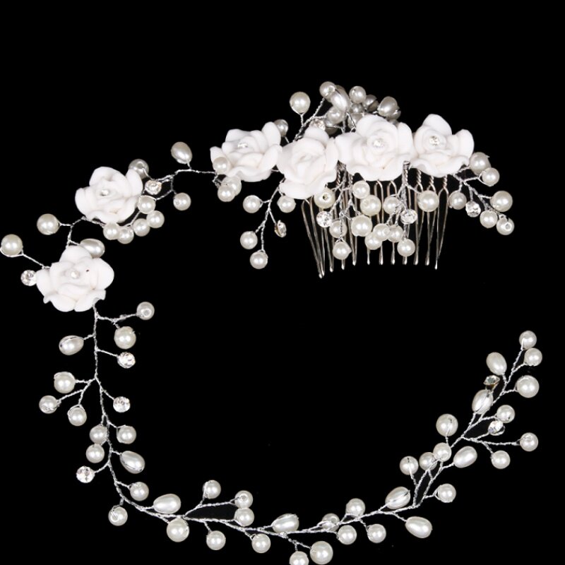 抖音新款纯手工制作服饰新娘饰品发饰头饰软陶珍珠水晶珠发带