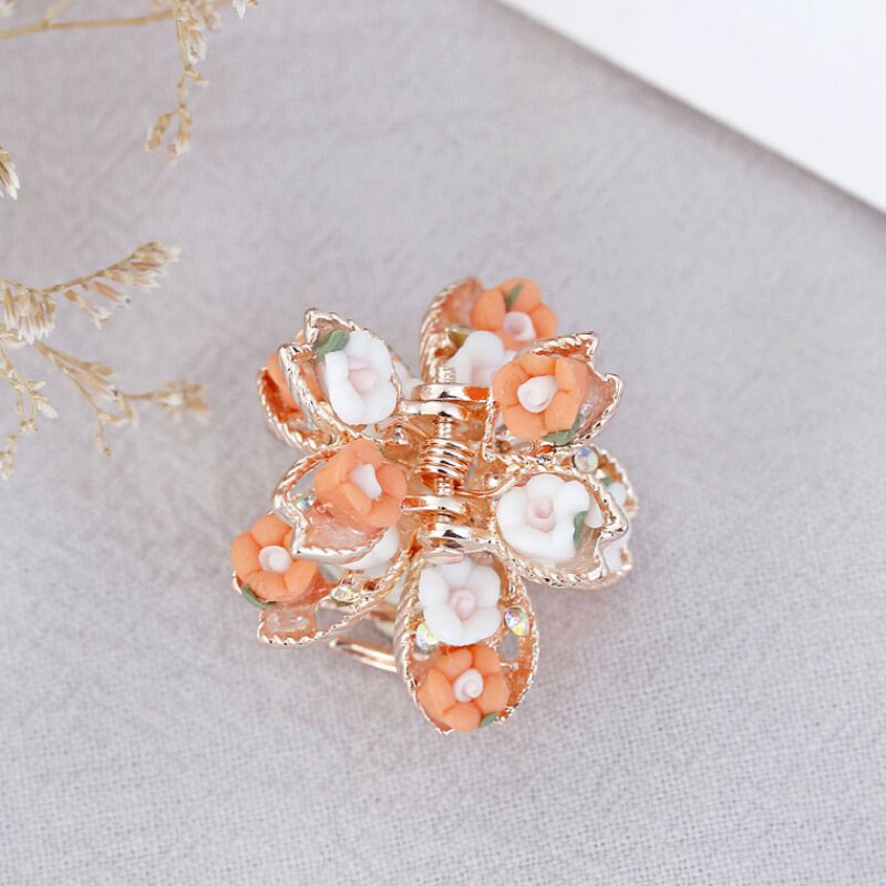 抖音新款软陶玫瑰花小爪夹 合金蝴蝶创意造型顶夹抓夹 韩风时尚头