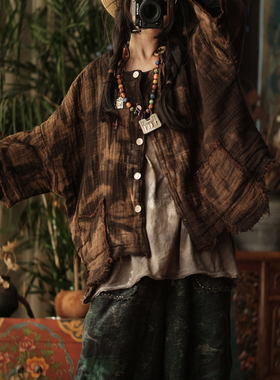 水洗做旧复古渐变炒色脏染亚麻短外套HX0107深咖