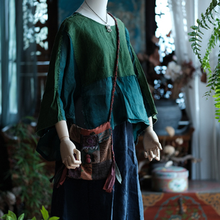 毛边圆领开叉宽松拼接麻衫 2089绿拼