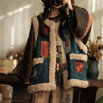 定制款复古羊卷毛大口袋夹棉坎肩2223提花重缎香云纱