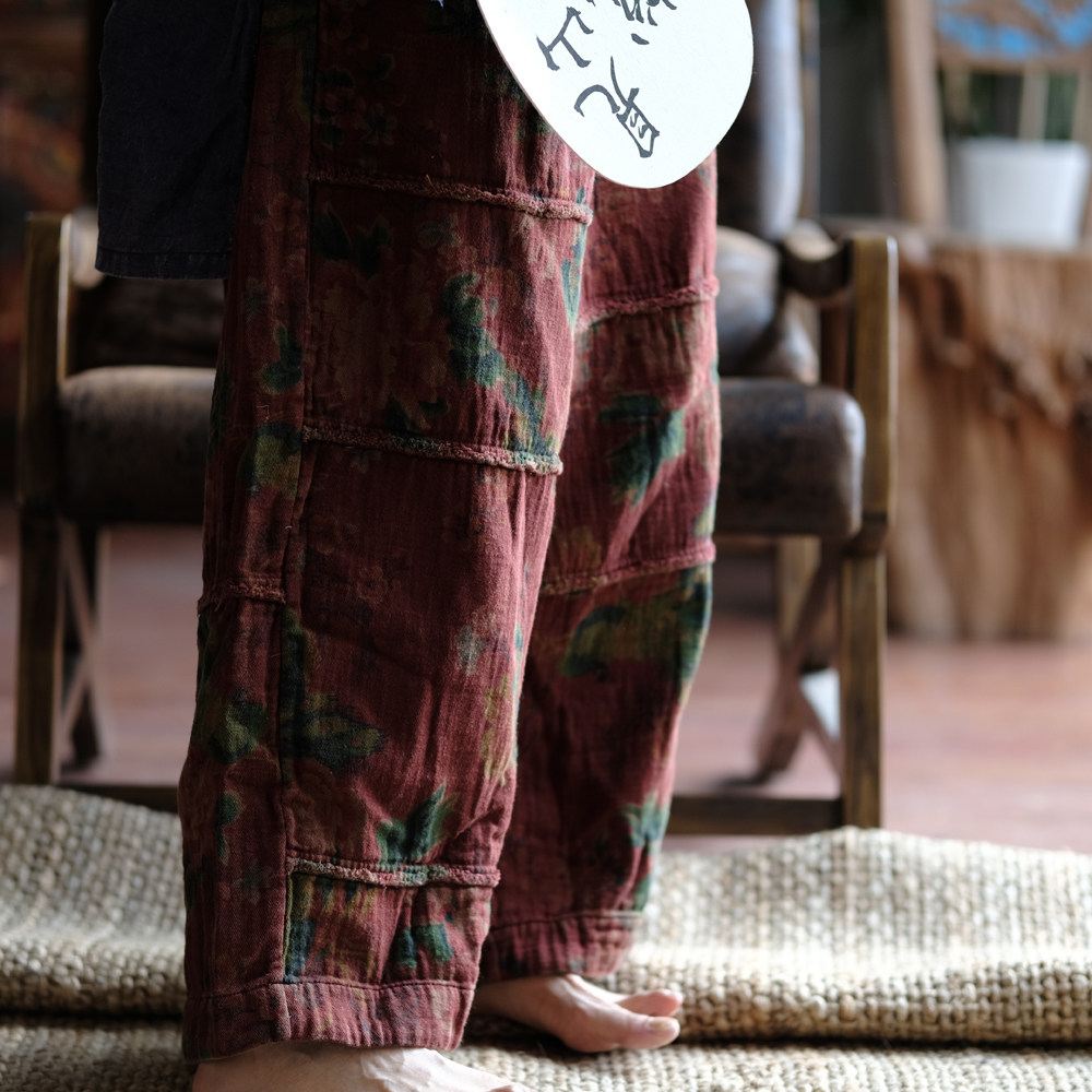 松紧腰毛边印花绽放阔腿裤