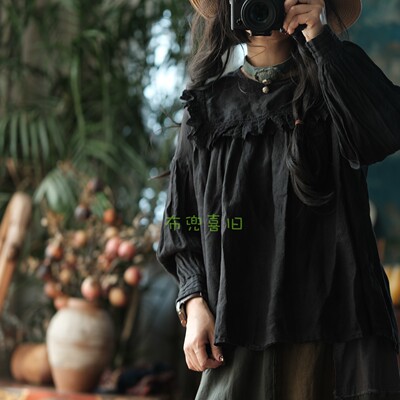 小清新甜美森女系刺绣蕾丝花边宽松长袖衬衫女上衣0446