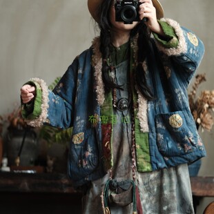 复古文艺羊羔绒拼接棉外套女印花宽松保暖棉服棉衣2266碧城