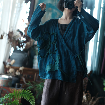 苎麻墨兰穿针绣花外披复古开衫