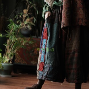 复古文艺百搭老布拼布手工棉裤2274