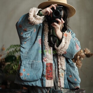 复古文艺羊羔绒拼接棉外套女印花宽松保暖棉服棉衣2266品月