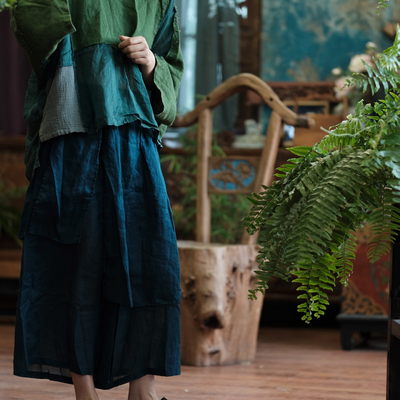 新款水洗墨兰纯苎麻九分裤