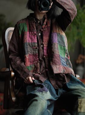 乞丐风水洗麻料拼布夹棉对襟棉背心棉坎肩2011花拼