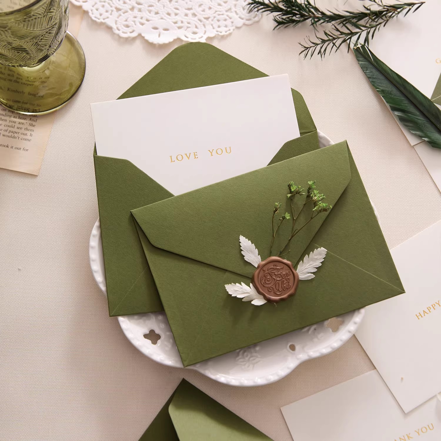 复古牛油果绿信封贺卡火漆套装 高级感生日祝福浪漫留言文艺简约情书信封和信纸套装送女友男友感谢信书信纸