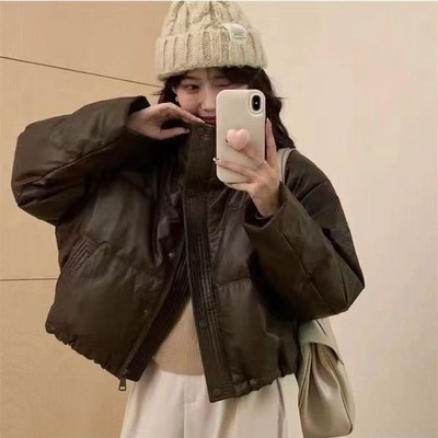 韩版pu皮短款立领羽绒服免洗时尚