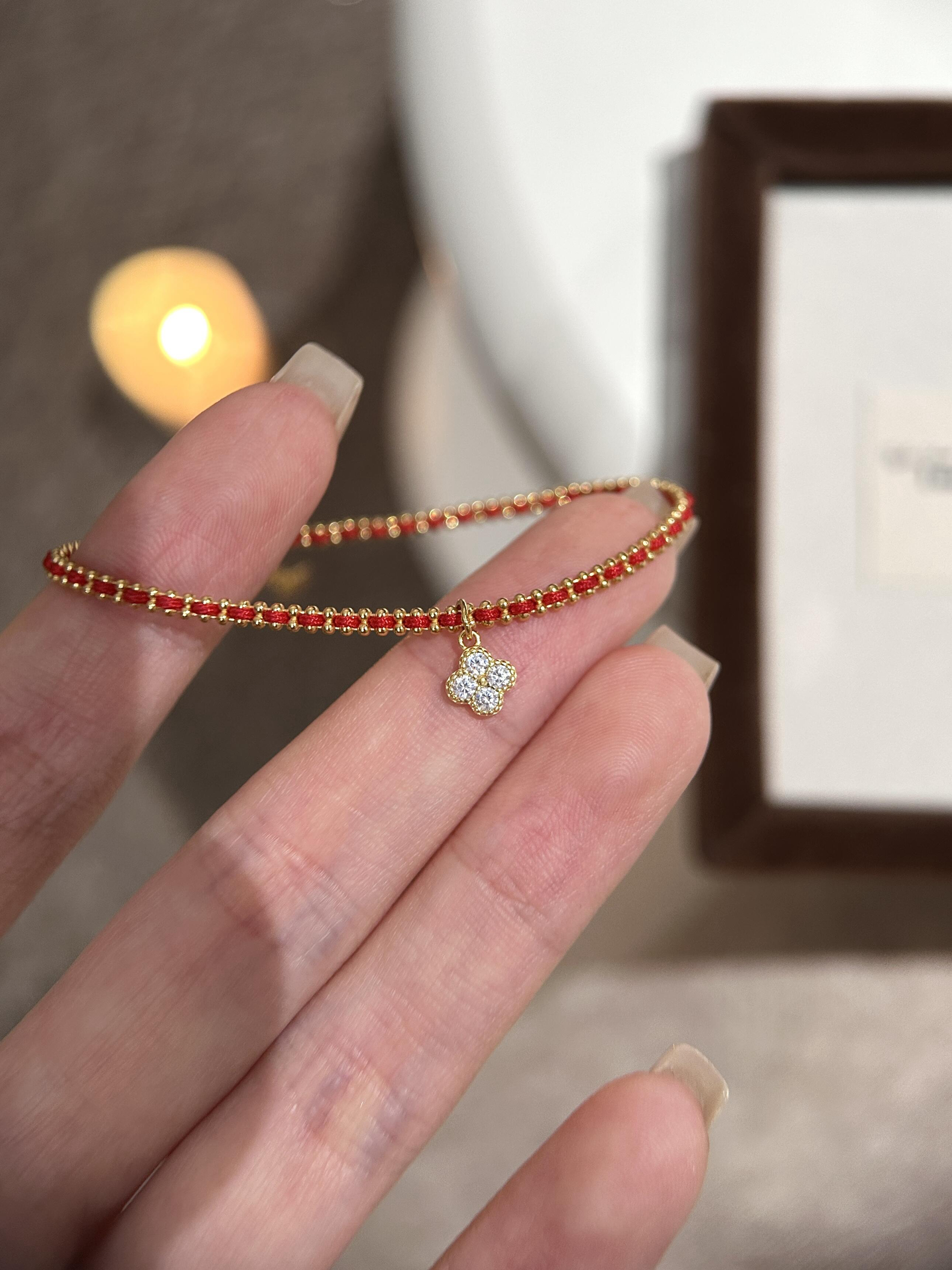 S925纯银新年爆款守护幸运编织红绳四叶草好寓意手链