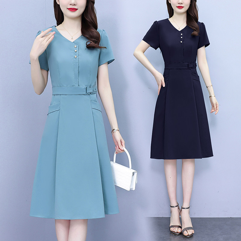 短袖连衣裙女2023夏季新款时尚中年妈妈装v领洋气显瘦中长款裙子