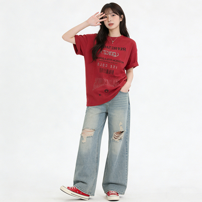 复古做旧酒红色字母印花宽松短袖上衣2026年新款百搭oversizeT恤