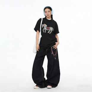 oversize短袖 夏装 上衣 中性风马年印花宽松圆领T恤2026年新款 韩版