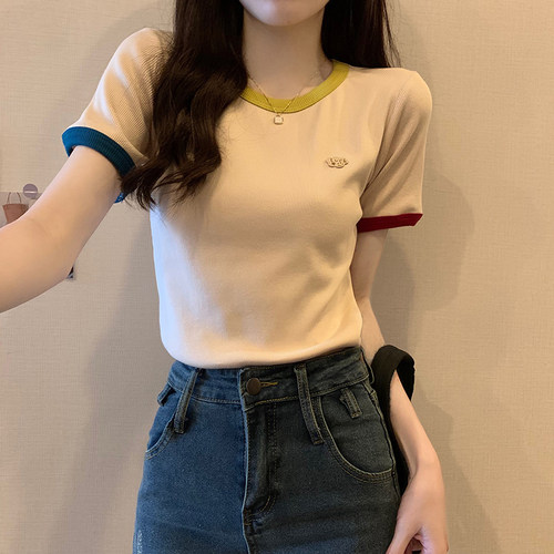 韩系撞色螺纹短袖T恤女2026夏季新款圆领修身显瘦小个子百搭上衣