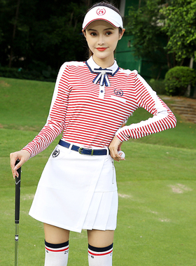 春秋新款ZG6高尔夫球服装女衣服女装长袖红色条纹上衣白色短裙裤