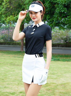 ZG6夏季女士高尔夫服装球服套装女短袖黑色翻领T恤白色防走光短裙