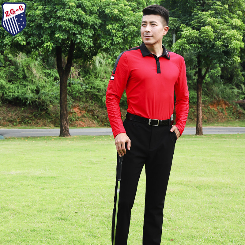 春秋ZG6打高尔夫球服男装亲子装休闲运动套装红色长袖T黑色长裤