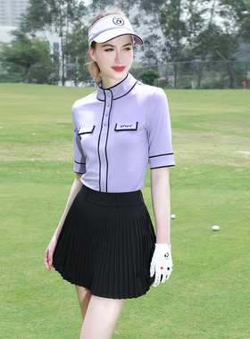 ZG6高尔夫服装女球服女装T恤显瘦立领紫色中袖上衣黑色裤裙百褶裙