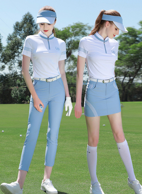 ZG6夏季高尔夫女装套装球服装女白色立领上衣显瘦浅蓝九分裤子女