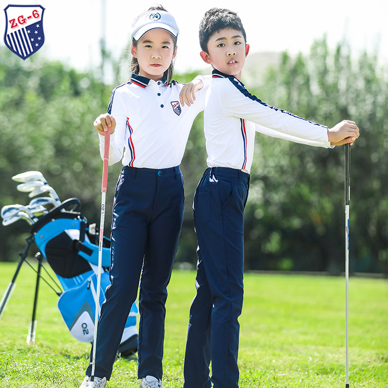 ZG6高尔夫服装童装球服儿童运动套装长袖高弹力T恤上衣宝兰色裤子