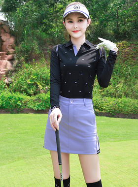 春秋ZG6高尔夫服装女球衣女套装长袖T恤黑色翻领印花上衣紫色短裙