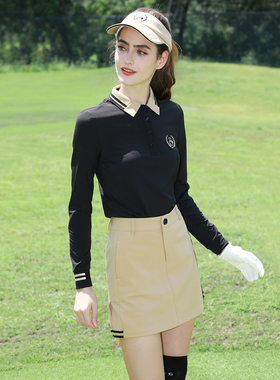ZG6春秋高尔夫女装球服套装女黑色长袖T恤翻领显瘦上衣网球裙女