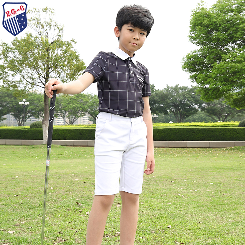 夏季ZG6高尔夫童装男球服儿童套装黑色格子翻领短袖T恤白色中裤子
