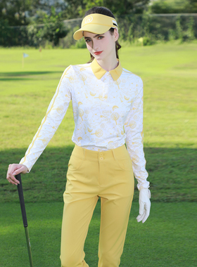 ZG-6高尔夫女装球服装女速干长袖翻领T恤上衣黄色修身运动长裤女