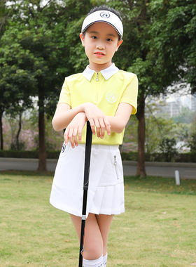 夏季ZG6高尔夫服装女童套装黄色儿童翻领T恤网球裙防走光短裙子