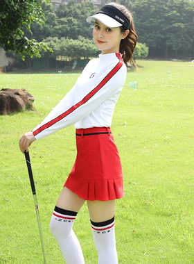 ZG6秋高尔夫衣服女球服装女长袖打底上衣撞色时尚红色防走光裤裙