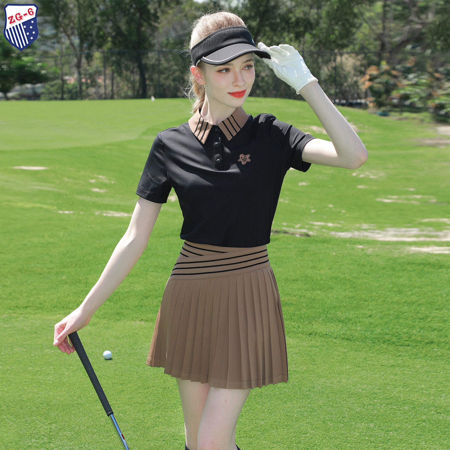 夏ZG6高尔夫女装球服装女速干黑色短袖T恤网球服女咖啡色百褶裙子