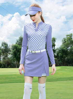 ZG-6高尔夫女装球服装女运动速干长袖运动T恤格子上衣紫色短裙子