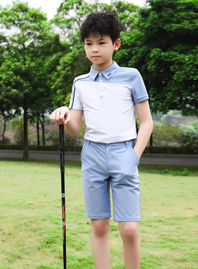 ZG6夏季高尔夫童装男儿童球服套装翻领短袖T恤亲子浅蓝色中长裤子