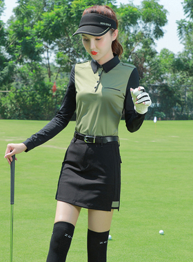 ZG6高尔夫服装女衣服女士球衣套装长袖T恤女绿色上衣黑色裤裙子
