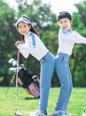 春夏ZG-6高尔夫男女童装球服亲子装儿童长袖白色T恤上衣浅蓝长裤