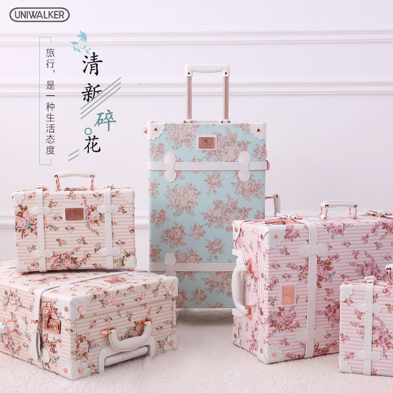 uniwalker复古旅行箱女拉杆箱万向轮碎花行李箱登机箱20寸皮箱包
