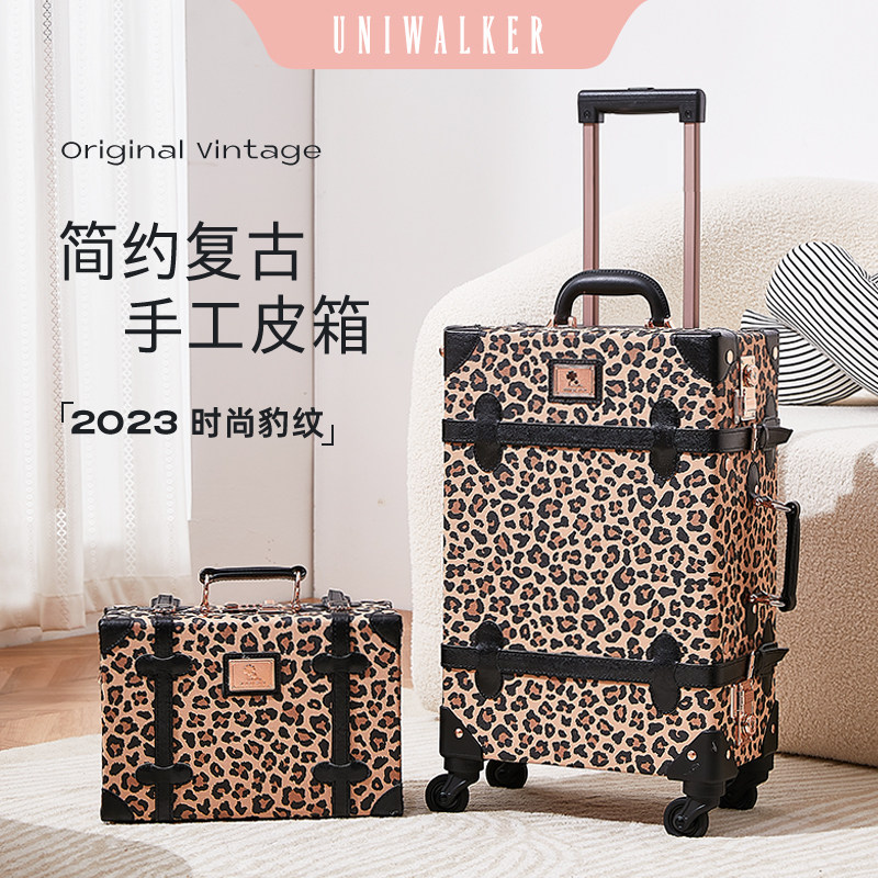 uniwalker潮流复古行李箱女拉杆箱豹纹皮箱20寸登机箱密码旅行箱