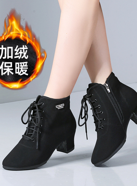 GY女士高帮跳舞鞋广场舞鞋交谊舞牛津布拉链舞鞋软底加绒秋冬款